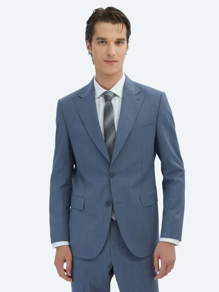 Mavi Çizgili Modern Fit Yün Karışımlı Takım Elbise - 1