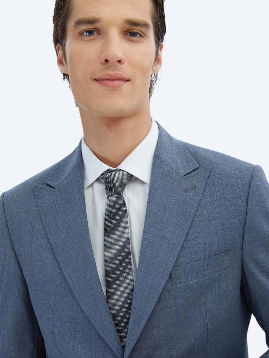 Mavi Çizgili Modern Fit Yün Karışımlı Takım Elbise - 3