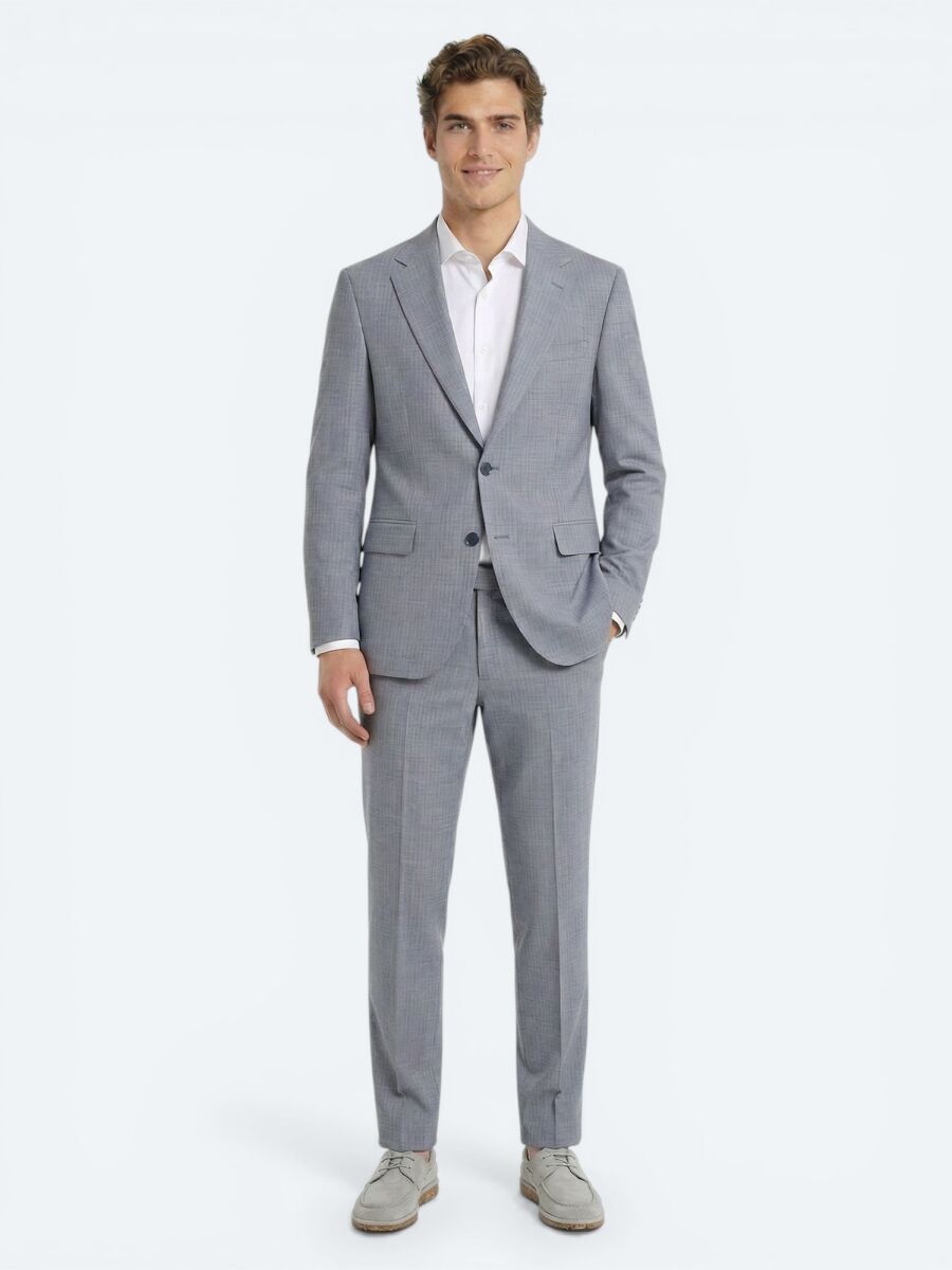 Mavi Çizgili Modern Fit Yün Karışımlı Takım Elbise - 1