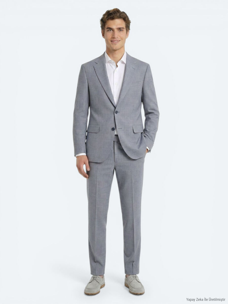 Mavi Çizgili Modern Fit Yün Karışımlı Takım Elbise - 1