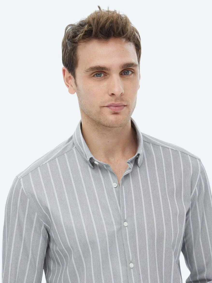 Mavi Çizgili Regular Fit Casual Pamuk Karışımlı Gömlek - 3
