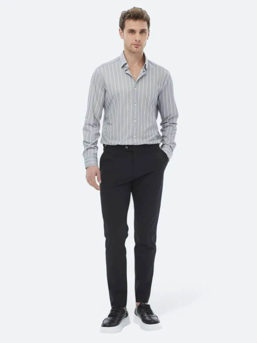 Mavi Çizgili Regular Fit Casual Pamuk Karışımlı Gömlek - 5