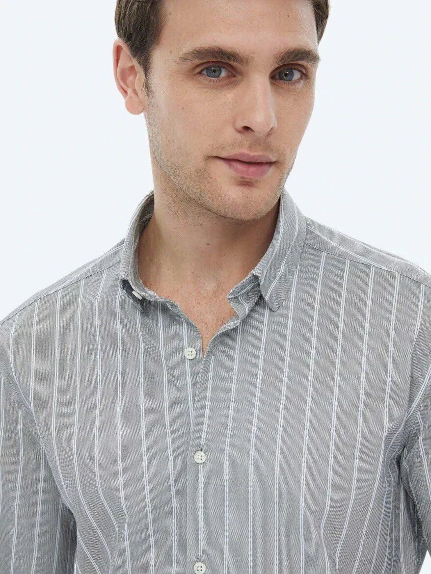 Mavi Çizgili Regular Fit Casual Pamuk Karışımlı Gömlek - 8