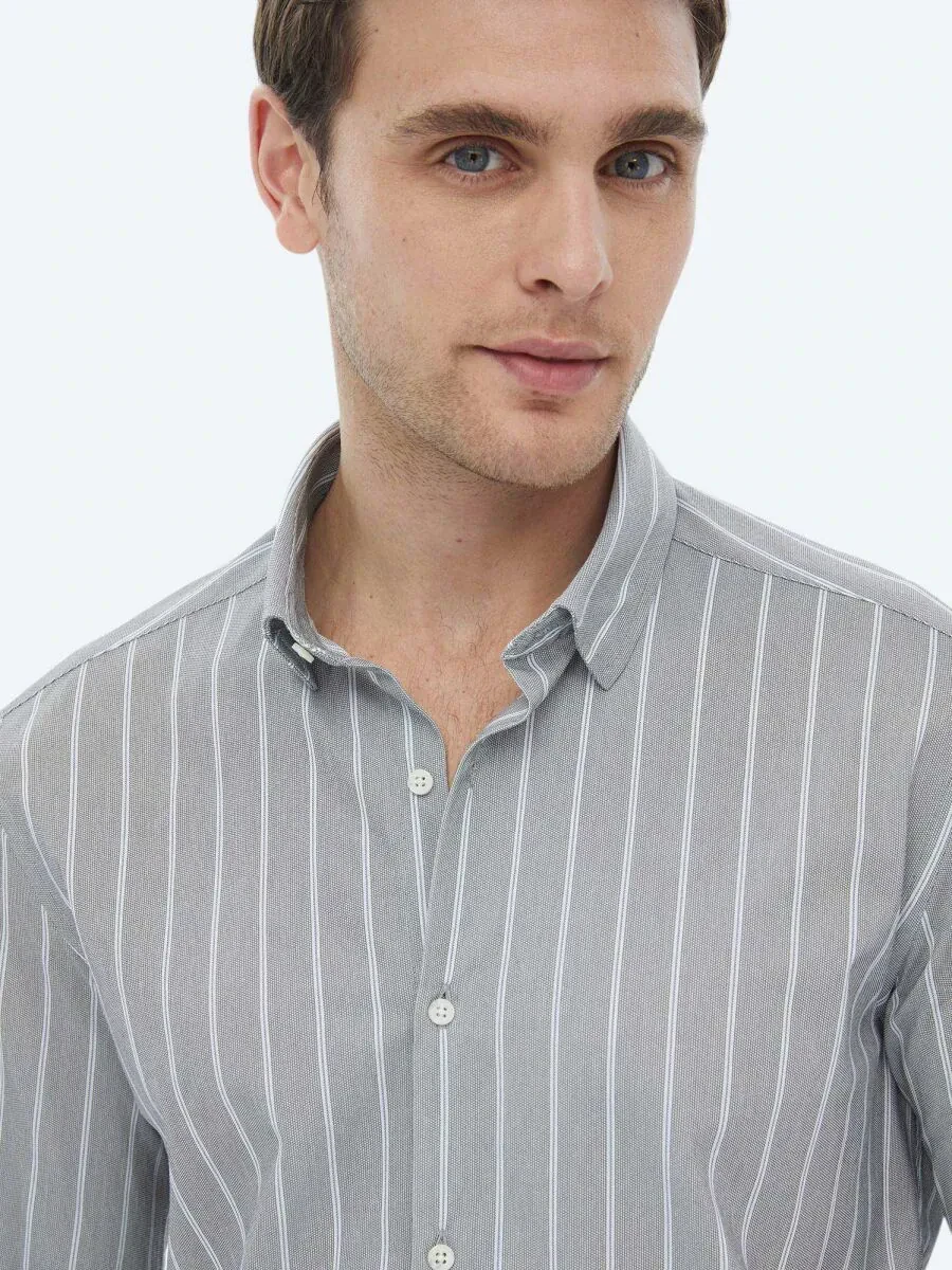 Mavi Çizgili Regular Fit Casual Pamuk Karışımlı Gömlek - 8