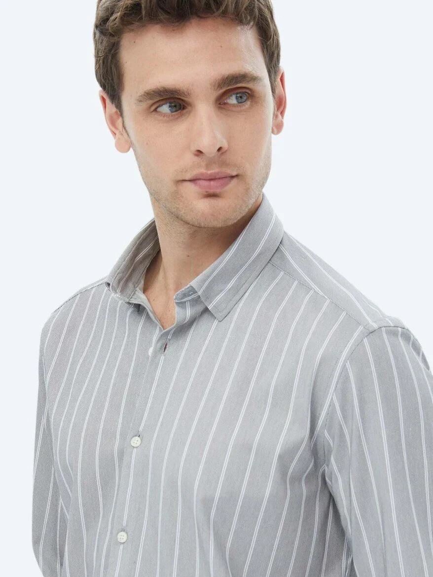 Mavi Çizgili Regular Fit Casual Pamuk Karışımlı Gömlek - 9