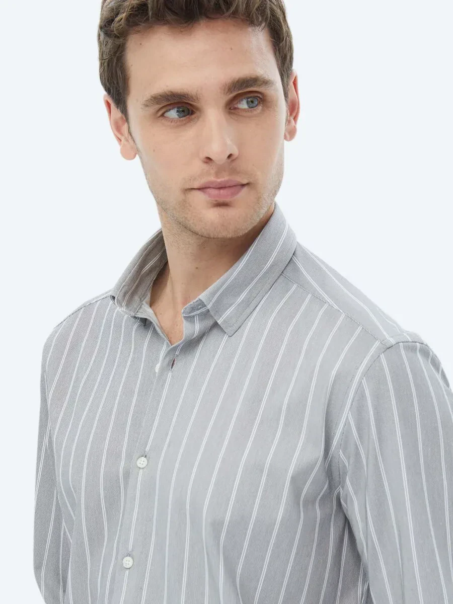 Mavi Çizgili Regular Fit Casual Pamuk Karışımlı Gömlek - 9