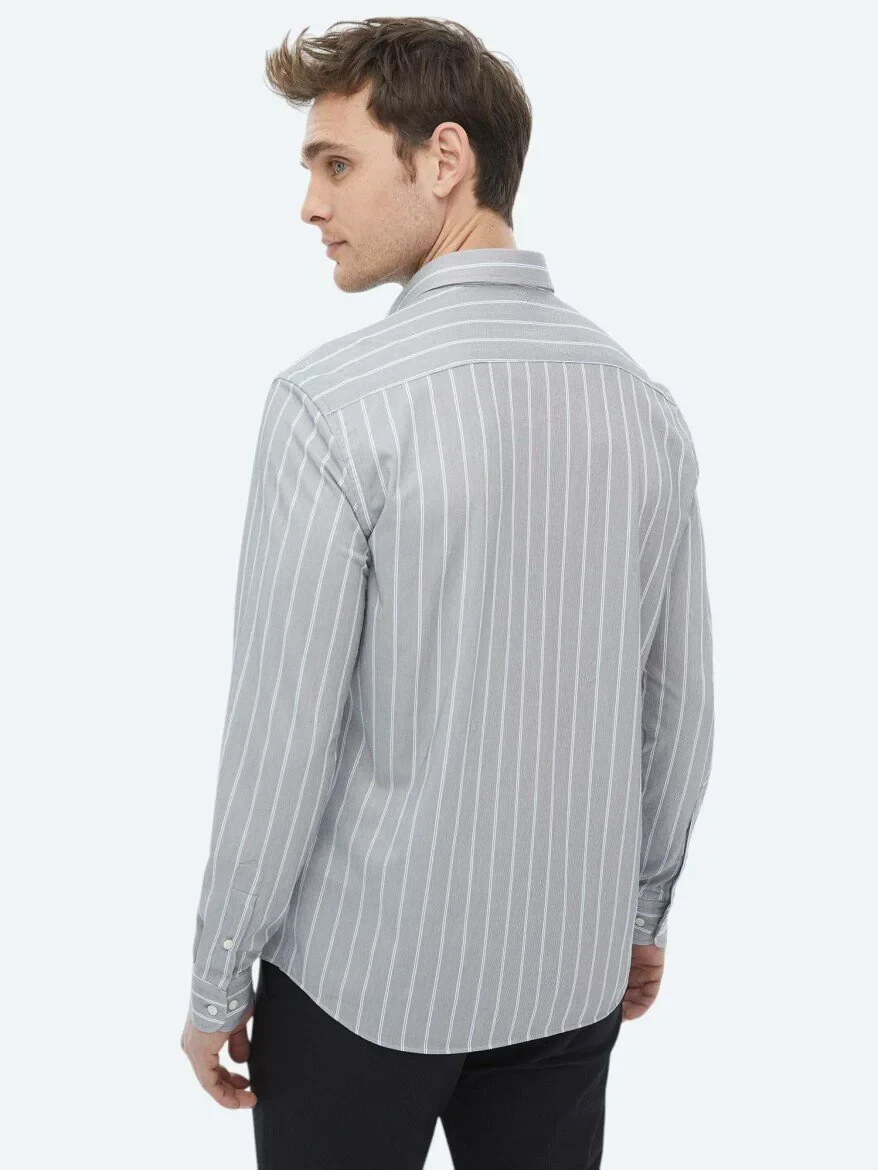 Mavi Çizgili Regular Fit Casual Pamuk Karışımlı Gömlek - 12