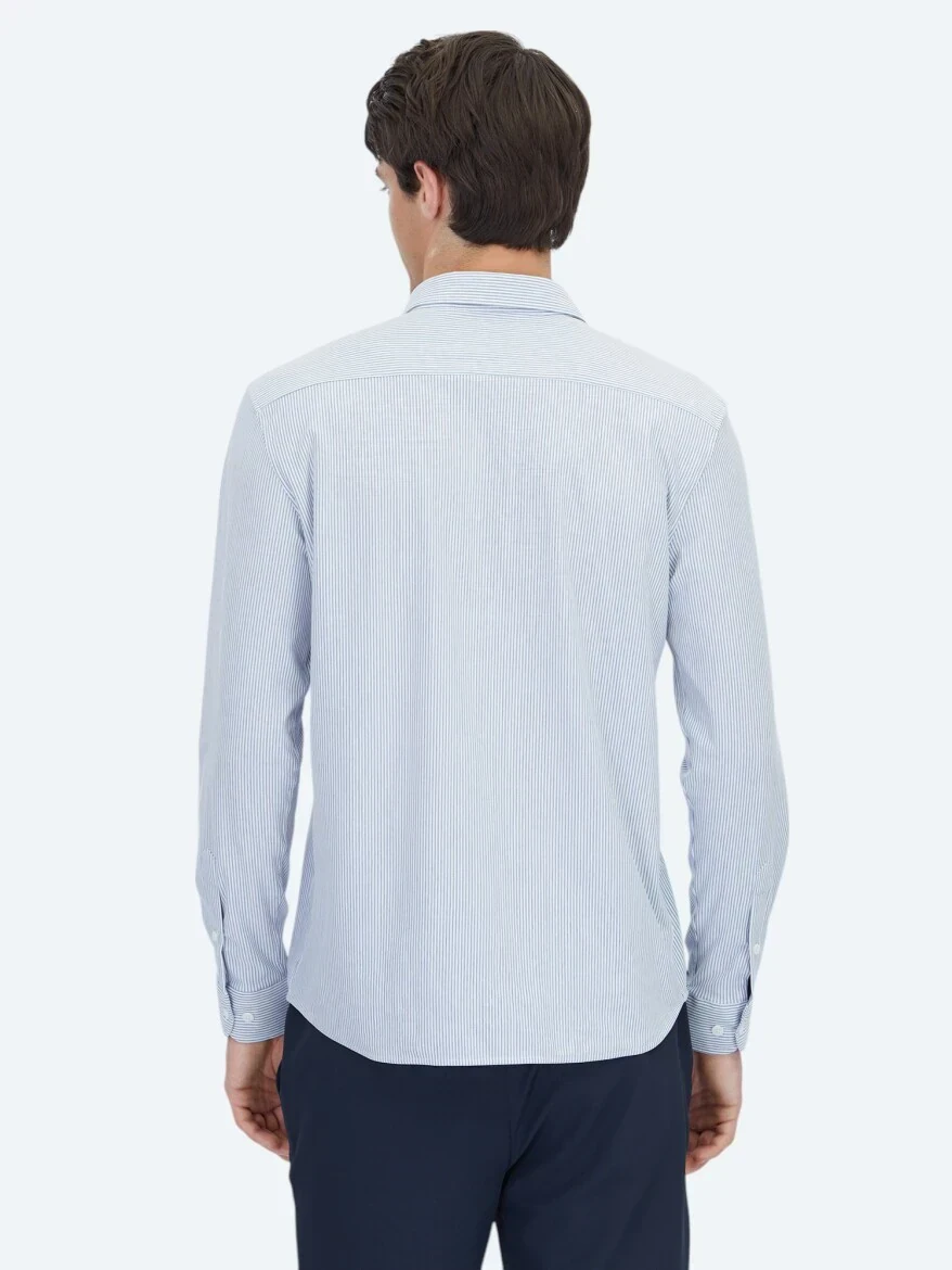 Mavi Çizgili Regular Fit Casual Pamuk Karışımlı Gömlek - 5