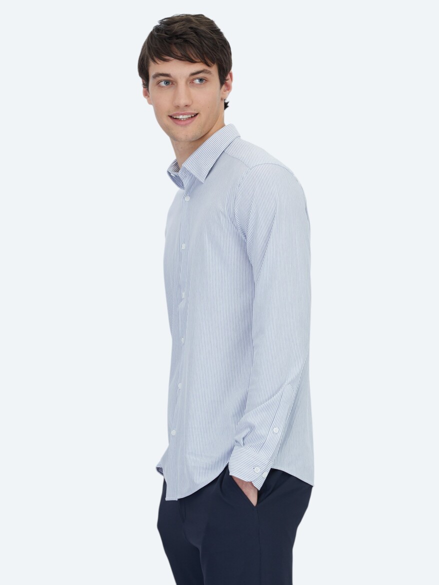 Mavi Çizgili Regular Fit Casual Pamuk Karışımlı Gömlek - KİP