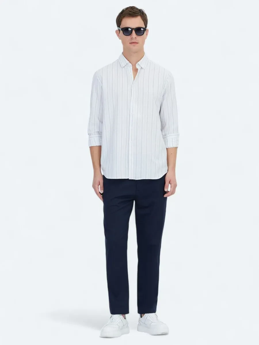 Mavi Çizgili Regular Fit Dokuma Casual %100 Pamuk Gömlek - 2