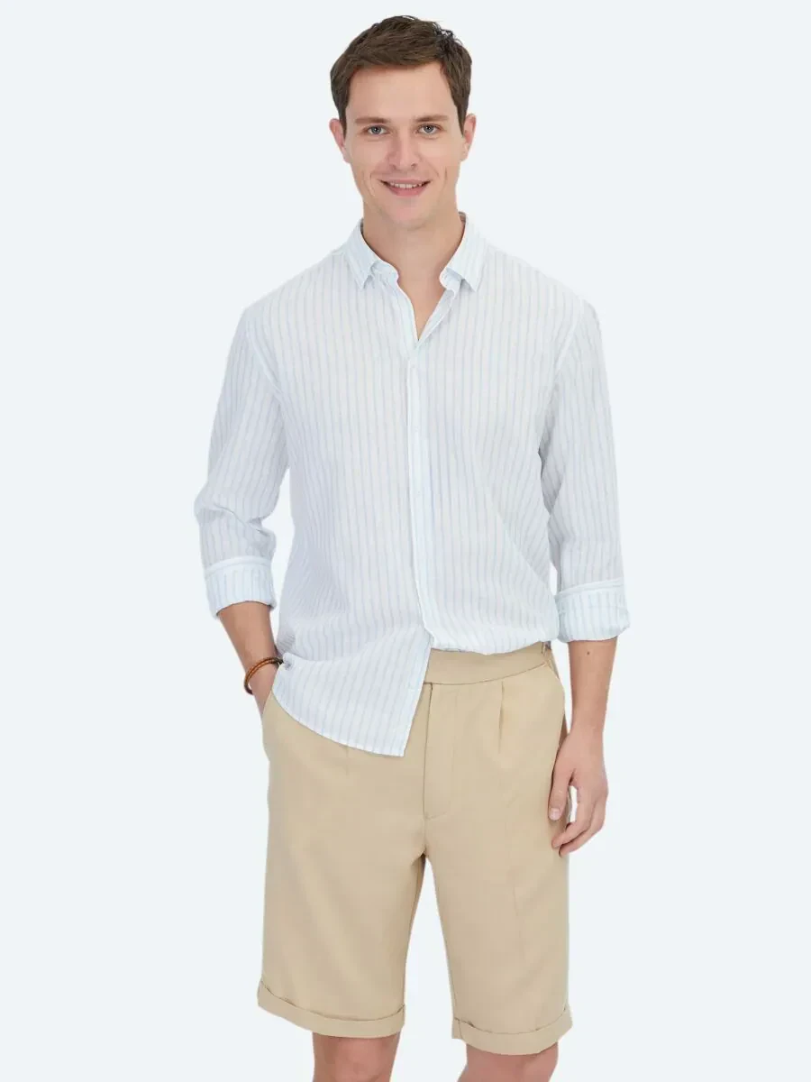 Mavi Çizgili Regular Fit Dokuma Casual Pamuk Karışımlı Gömlek - 1