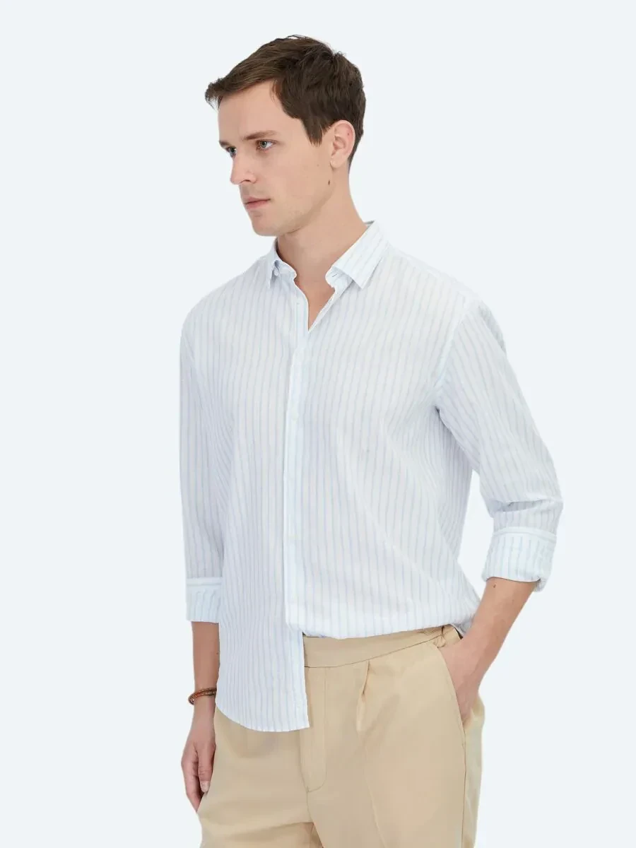 Mavi Çizgili Regular Fit Dokuma Casual Pamuk Karışımlı Gömlek - 3