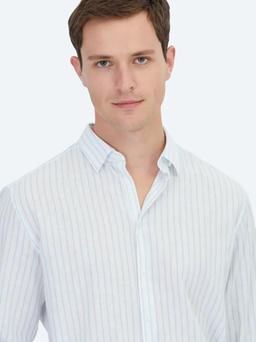 Mavi Çizgili Regular Fit Dokuma Casual Pamuk Karışımlı Gömlek - 4
