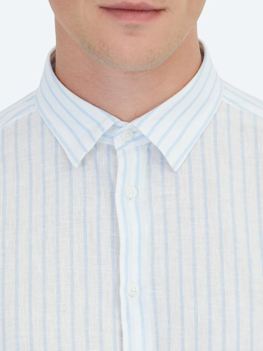 Mavi Çizgili Regular Fit Dokuma Casual Pamuk Karışımlı Gömlek - 5