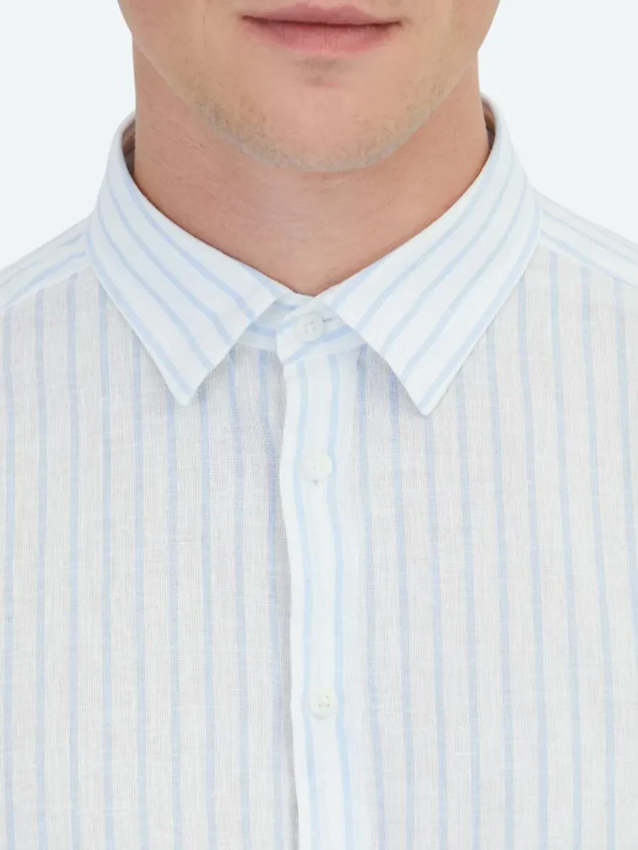Mavi Çizgili Regular Fit Dokuma Casual Pamuk Karışımlı Gömlek - 5