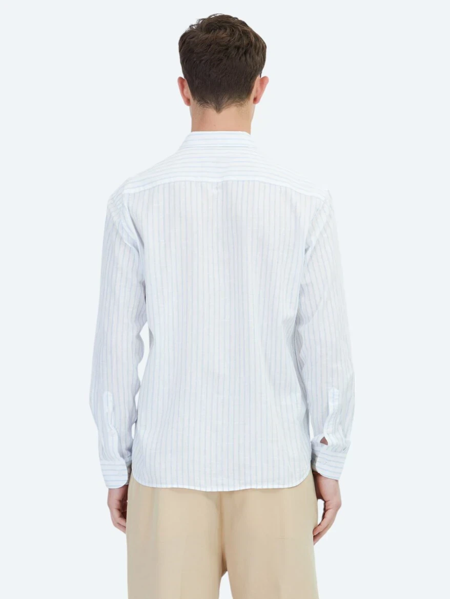 Mavi Çizgili Regular Fit Dokuma Casual Pamuk Karışımlı Gömlek - 6