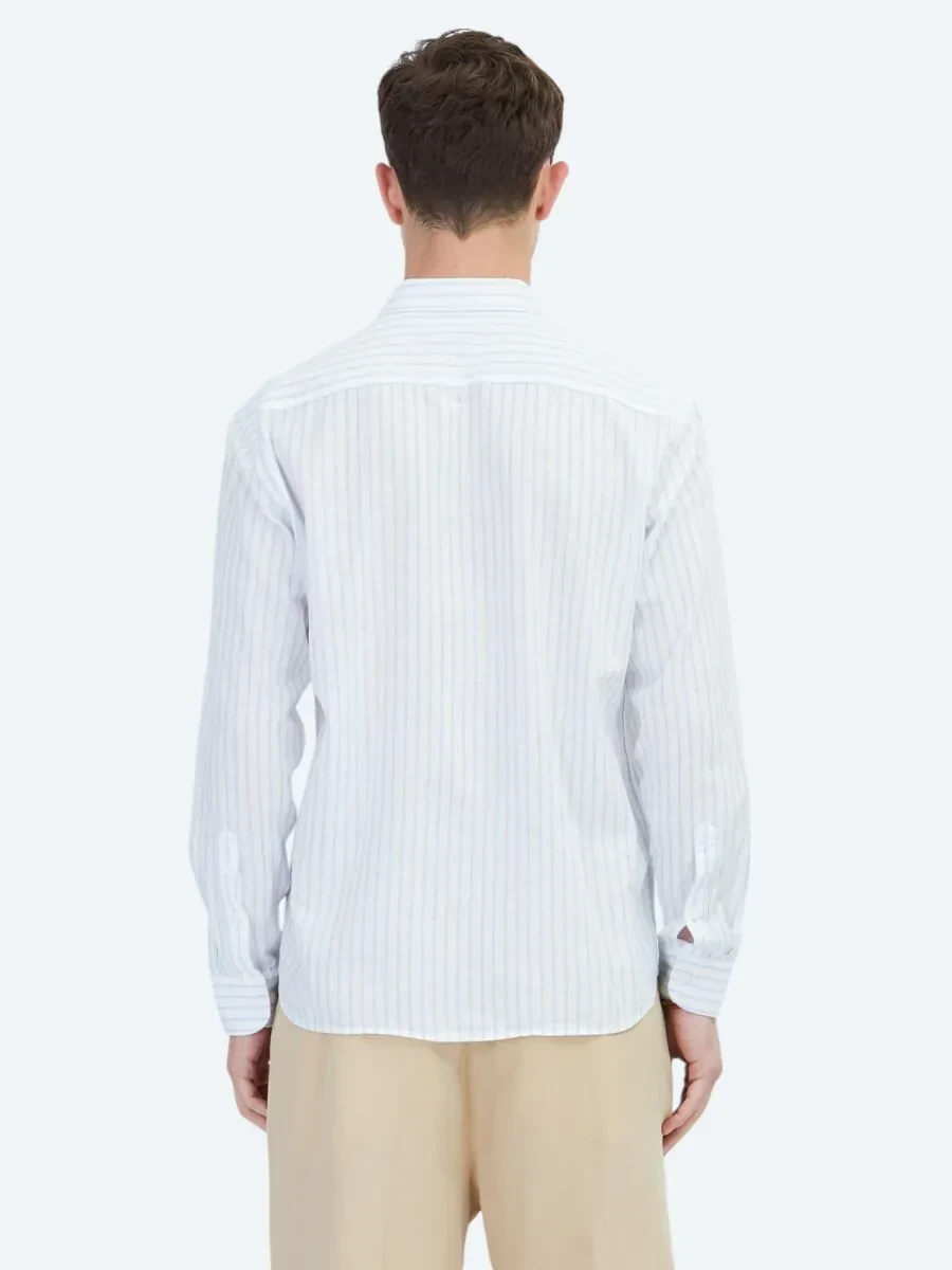 Mavi Çizgili Regular Fit Dokuma Casual Pamuk Karışımlı Gömlek - 6