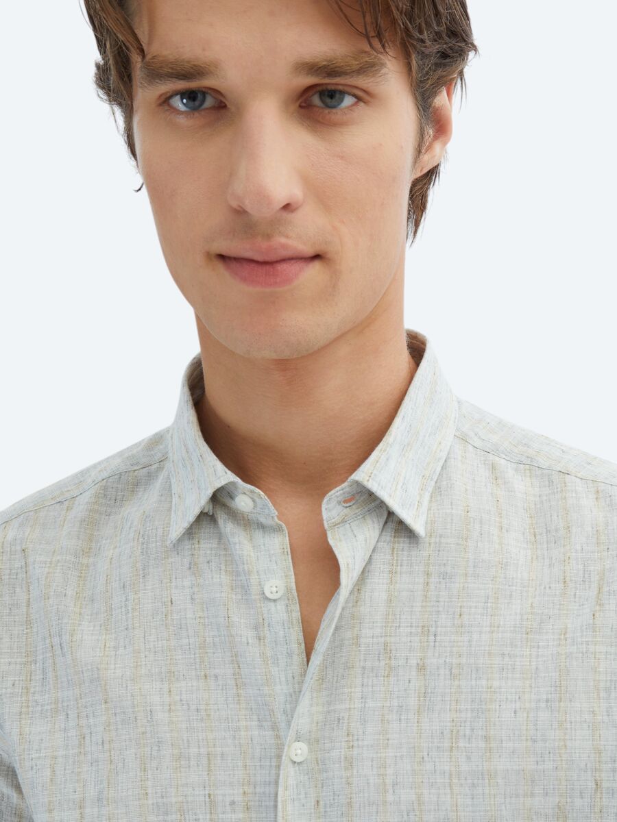 Mavi Çizgili Regular Fit Dokuma Casual Pamuk Karışımlı Gömlek - 5