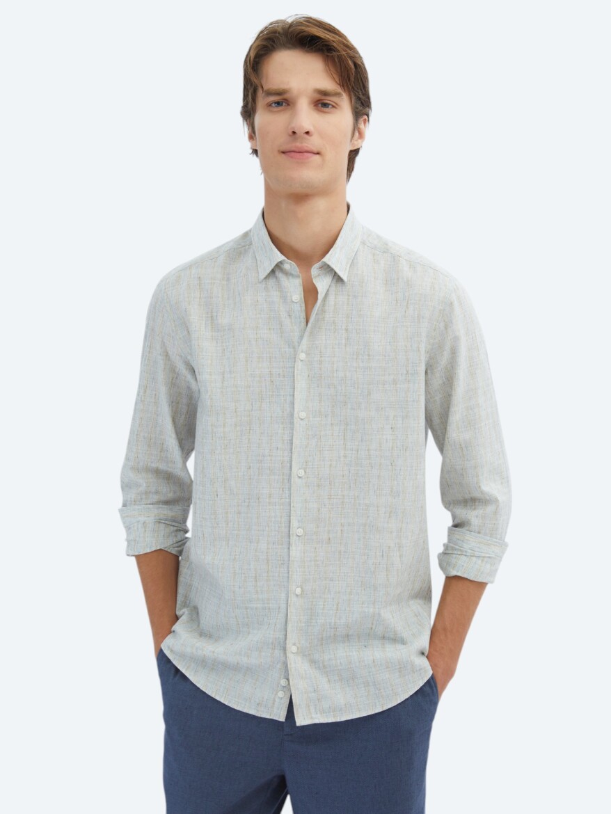 Mavi Çizgili Regular Fit Dokuma Casual Pamuk Karışımlı Gömlek - 1