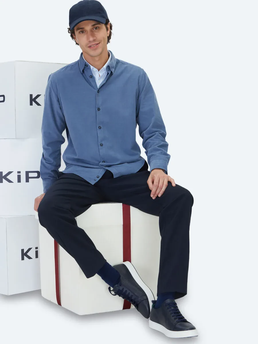 Mavi Çizgili Regular Fit Dokuma Kadife Casual %100 Pamuk Gömlek - 1