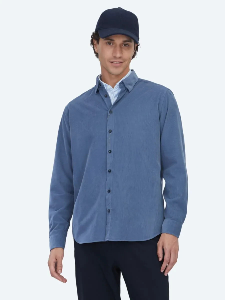 Mavi Çizgili Regular Fit Dokuma Kadife Casual %100 Pamuk Gömlek - 2