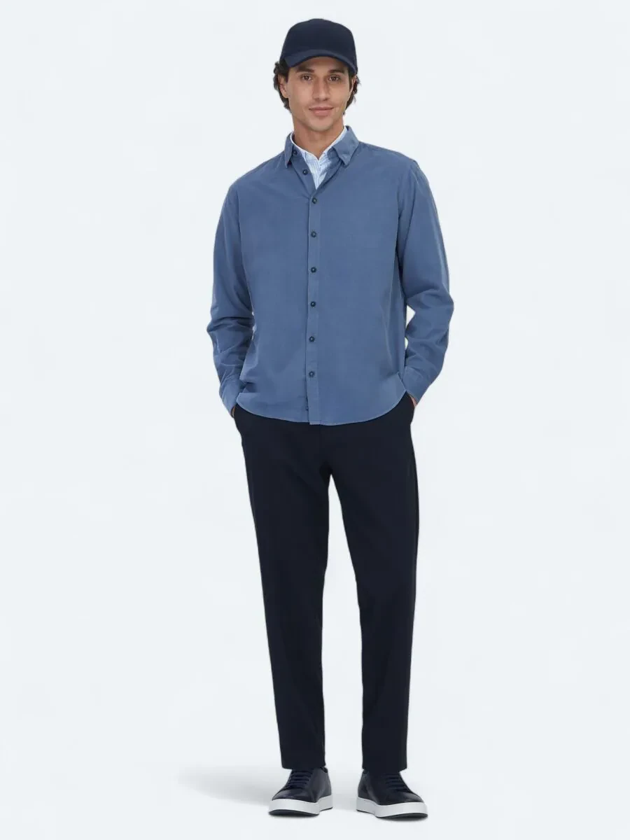 Mavi Çizgili Regular Fit Dokuma Kadife Casual %100 Pamuk Gömlek - 3