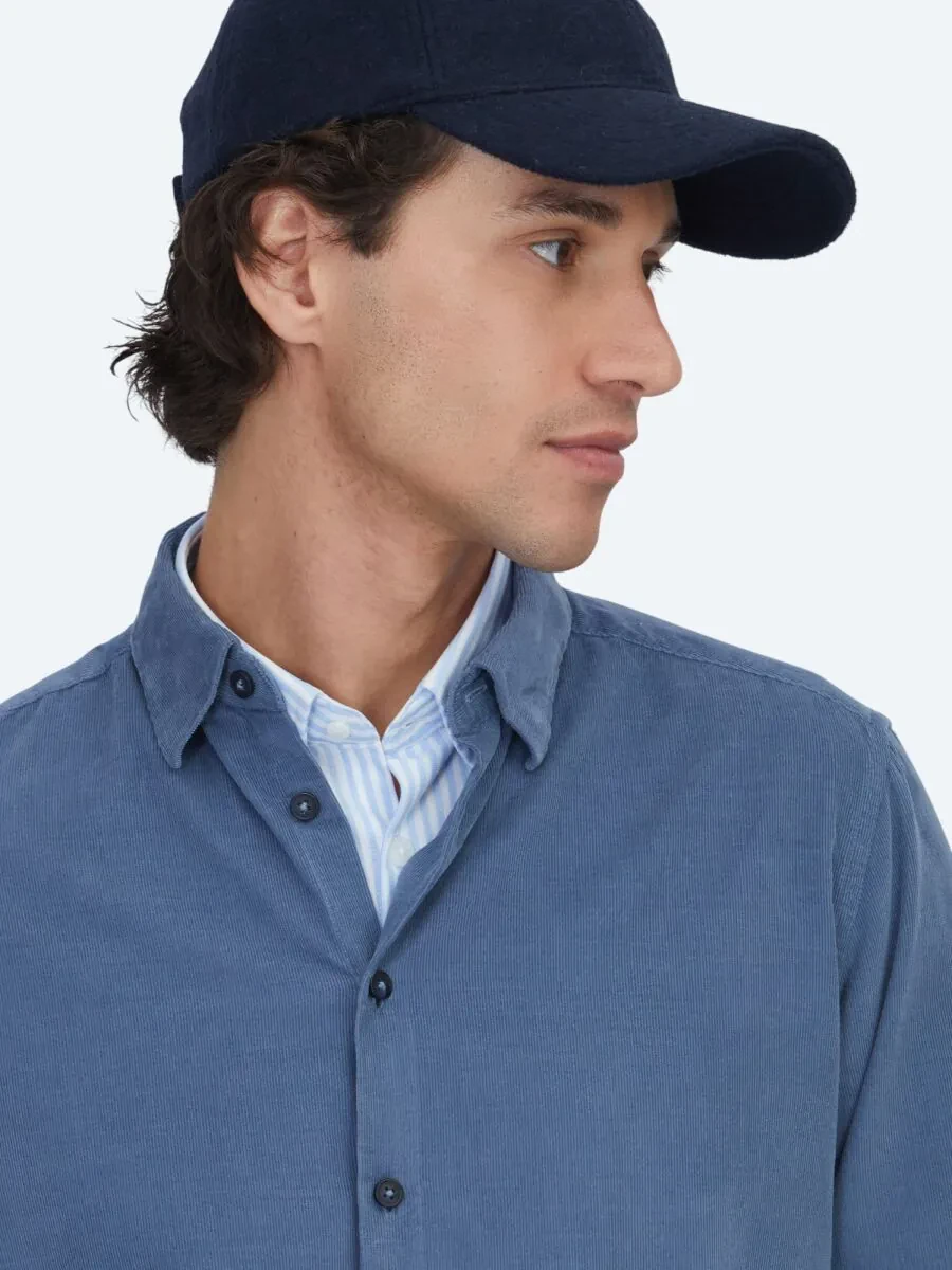 Mavi Çizgili Regular Fit Dokuma Kadife Casual %100 Pamuk Gömlek - 4