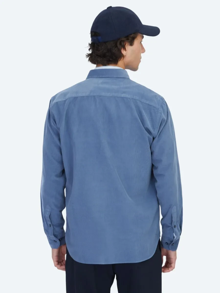 Mavi Çizgili Regular Fit Dokuma Kadife Casual %100 Pamuk Gömlek - 5