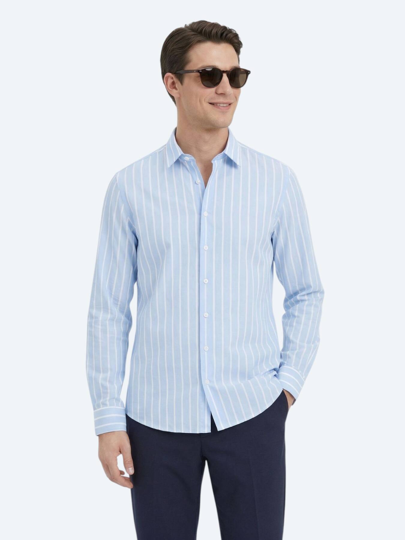 Mavi Çizgili Regular Fit Uzun Casual Pamuk Karışımlı Gömlek