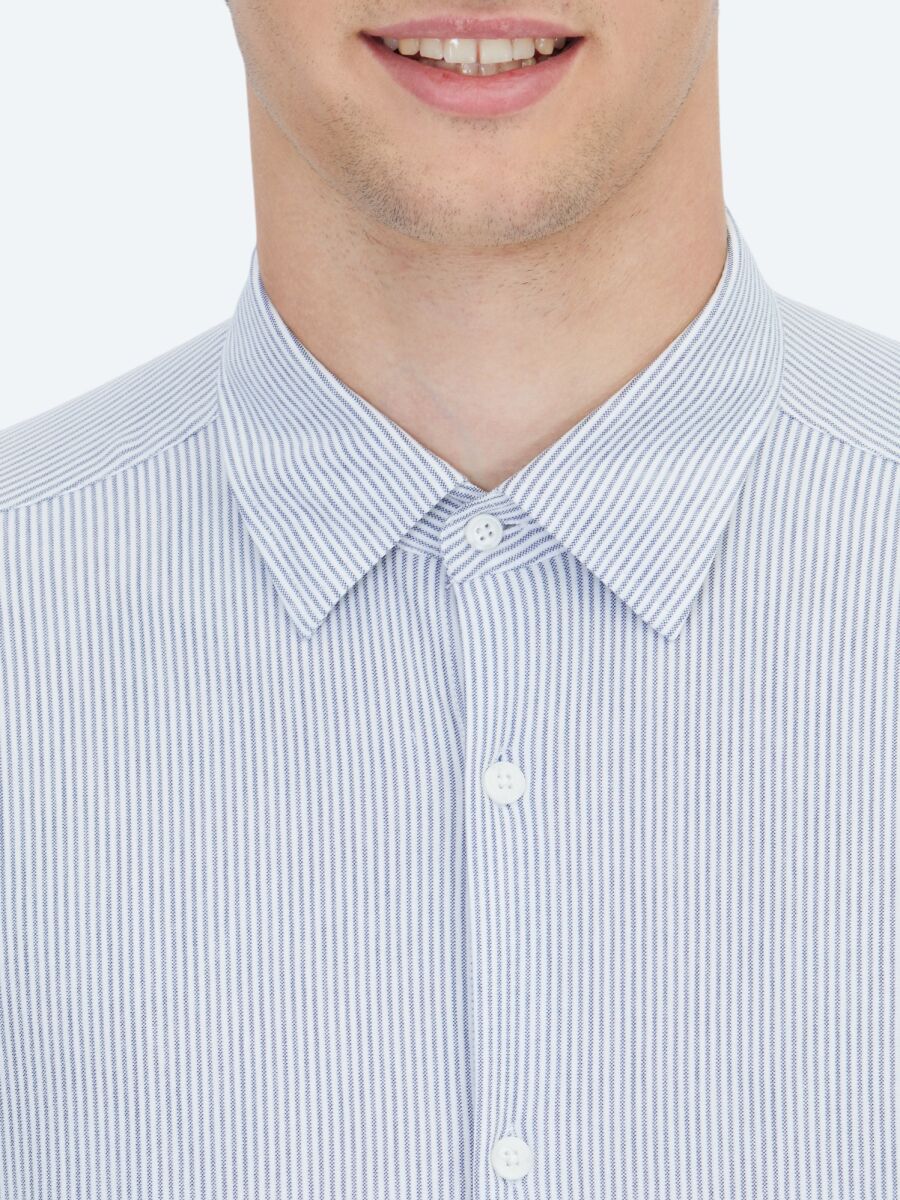 Mavi Çizgili Regular Fit Uzun Casual Pamuk Karışımlı Gömlek - 4