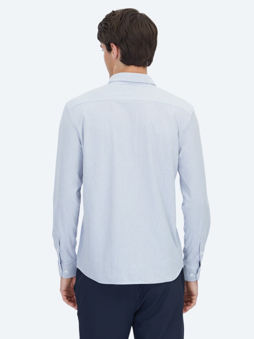 Mavi Çizgili Regular Fit Uzun Casual Pamuk Karışımlı Gömlek - 5