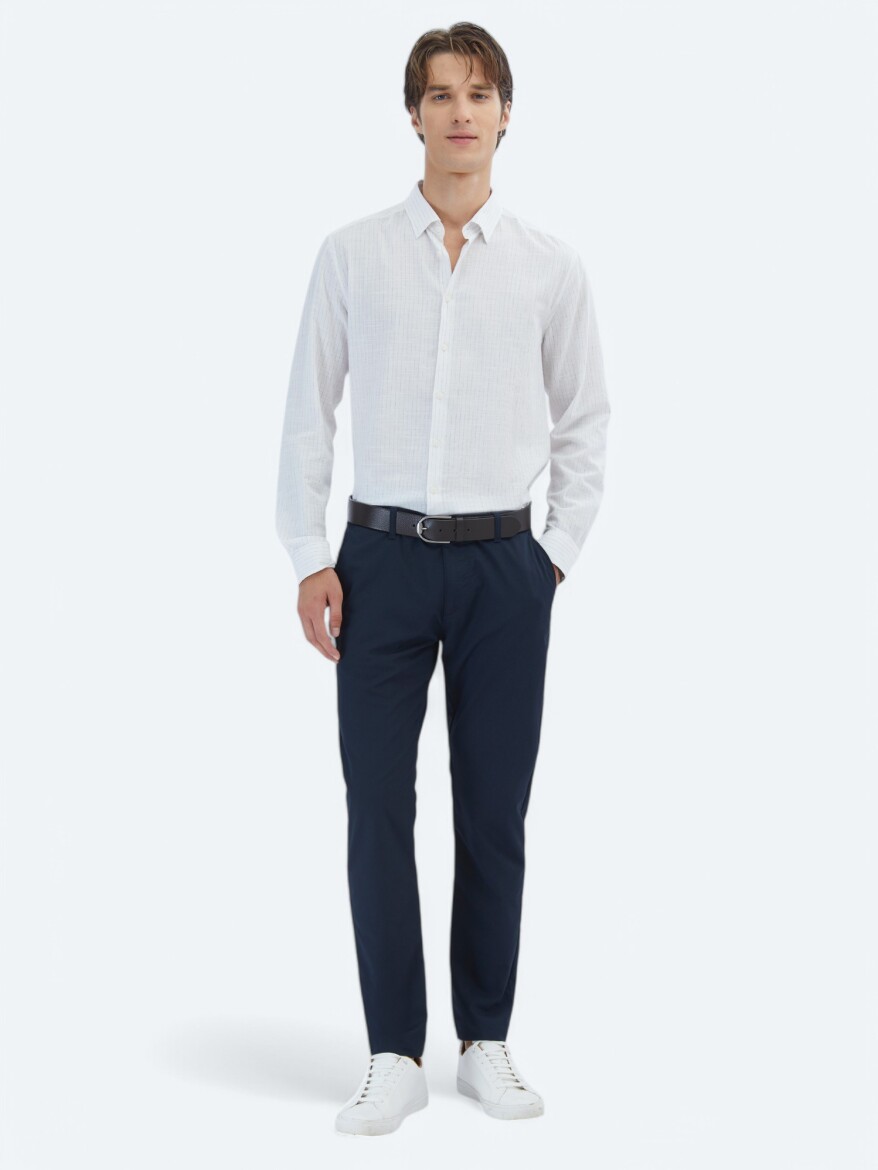 Mavi Çizgili Regular Fit Uzun Dokuma Casual %100 Pamuk Gömlek - 2