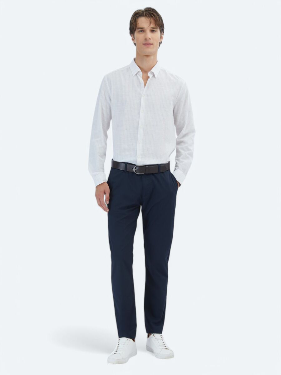 Mavi Çizgili Regular Fit Uzun Dokuma Casual %100 Pamuk Gömlek - 2