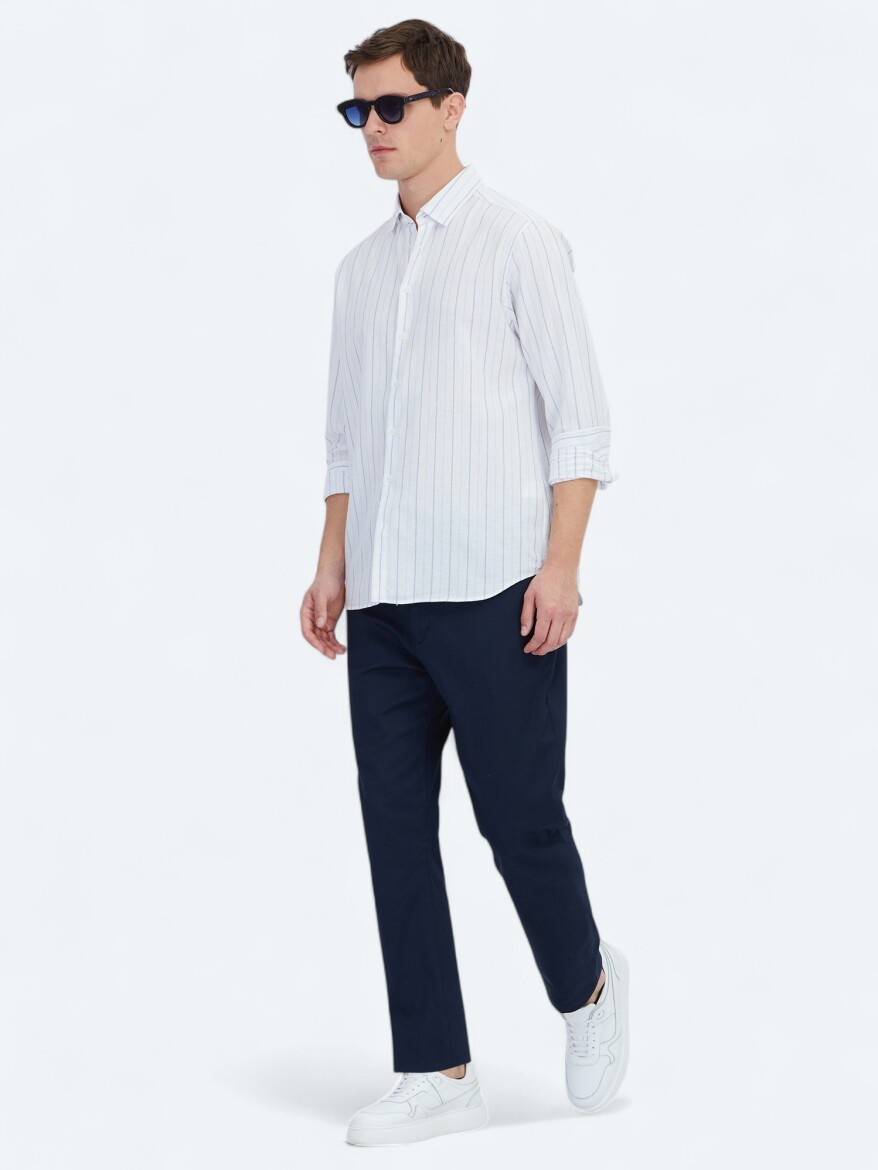 Mavi Çizgili Regular Fit Uzun Dokuma Casual %100 Pamuk Gömlek - 3