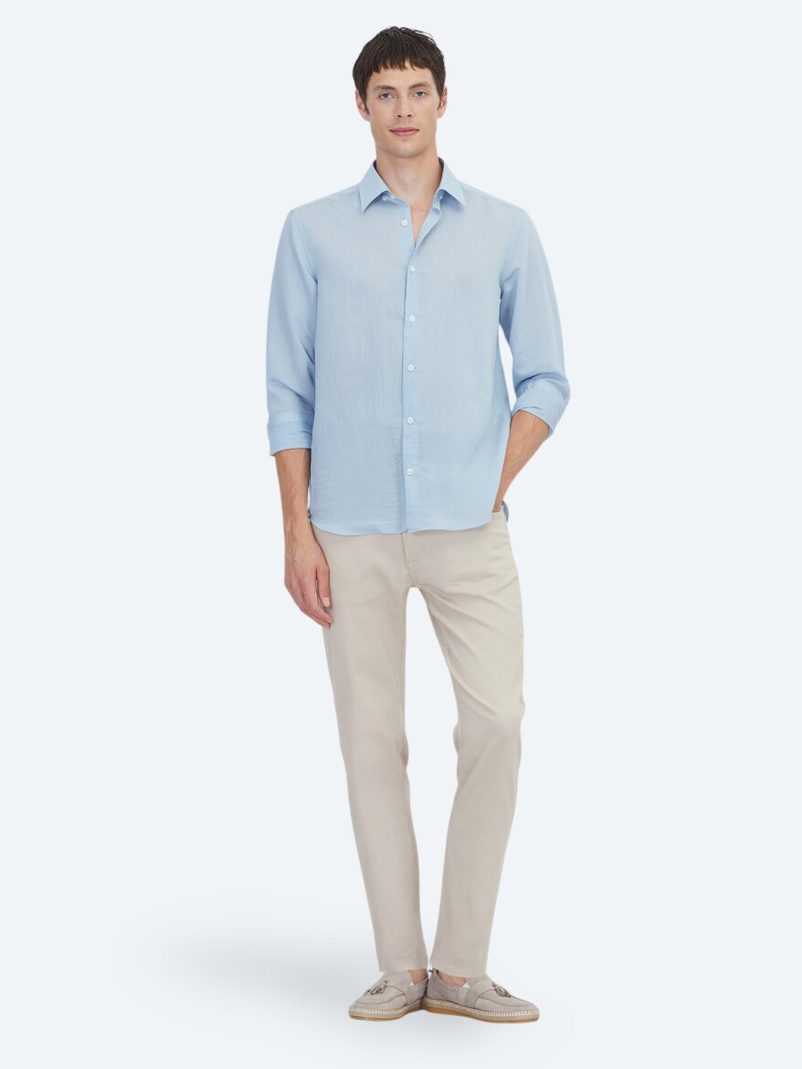 Mavi Çizgili Regular Fit Uzun Dokuma Casual Gömlek - 2