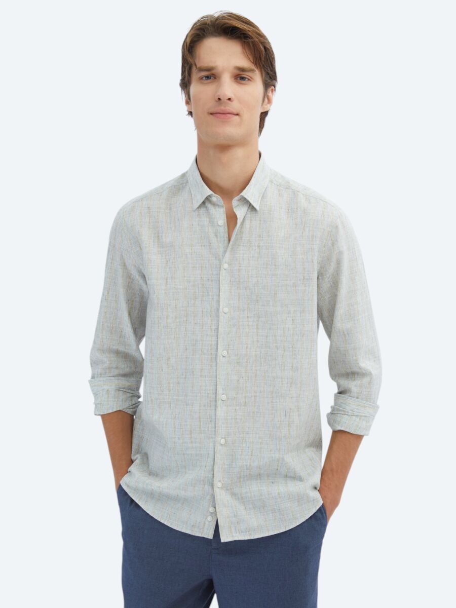 Mavi Çizgili Regular Fit Uzun Dokuma Casual Pamuk Karışımlı Gömlek - 1