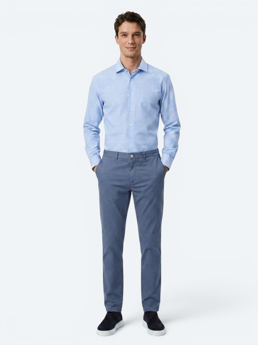 Mavi Çizgili Regular Fit Uzun Dokuma Casual Pamuk Karışımlı Gömlek - 2
