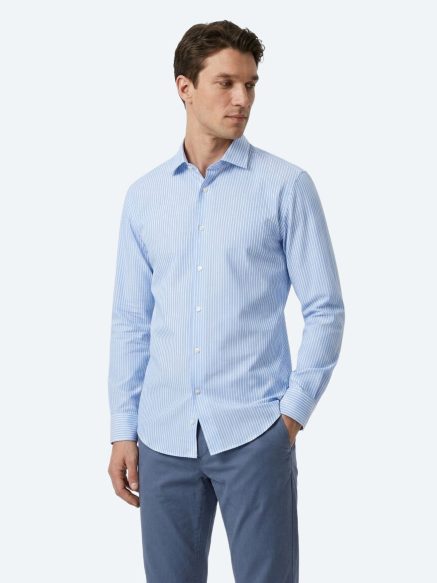 Mavi Çizgili Regular Fit Uzun Dokuma Casual Pamuk Karışımlı Gömlek - 4