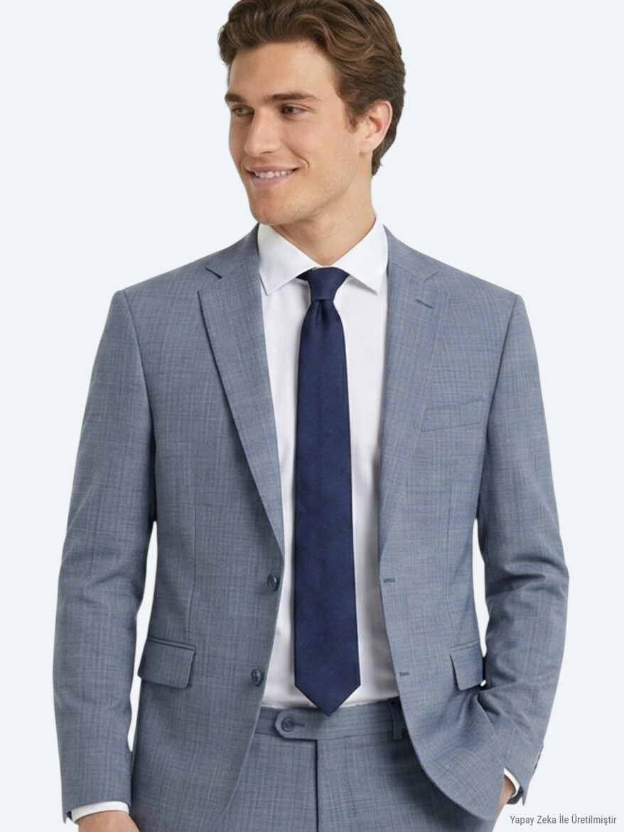 Mavi Çizgili Regular Fit Yün Karışımlı Takım Elbise - 3