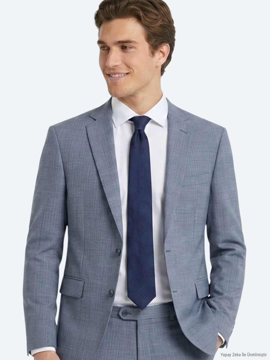 Mavi Çizgili Regular Fit Yün Karışımlı Takım Elbise - 3