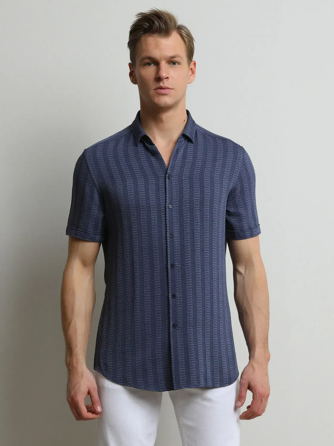 Mavi Çizgili Slim Fit Dokuma Casual Gömlek - 1