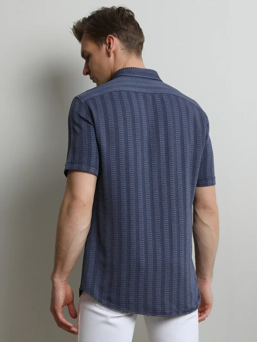 Mavi Çizgili Slim Fit Dokuma Casual Gömlek - 4