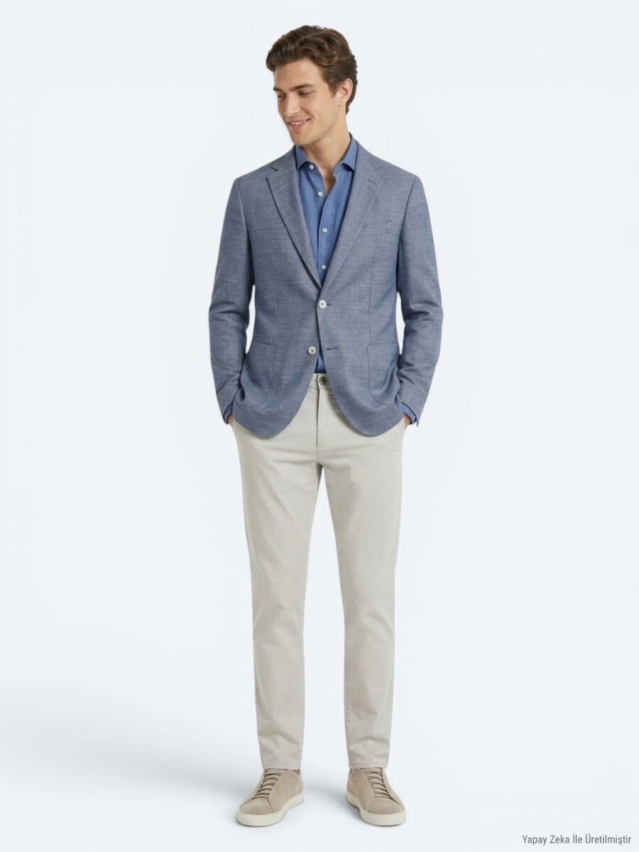 Mavi Desenli Modern Fit Çevre Dostu Pamuk Karışımlı Ceket - 3
