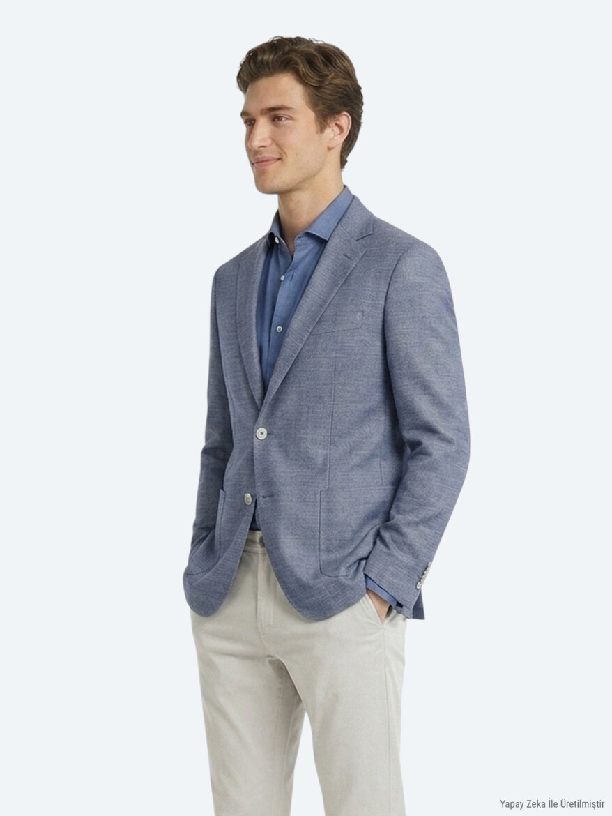 Mavi Desenli Modern Fit Çevre Dostu Pamuk Karışımlı Ceket - 4