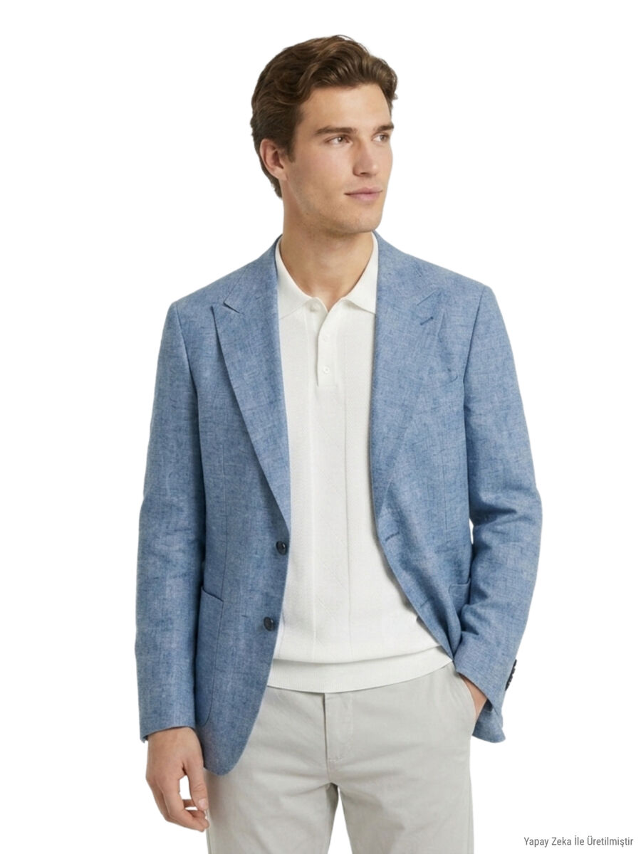 Mavi Desenli Modern Fit Keten Karışımlı Ceket - 1