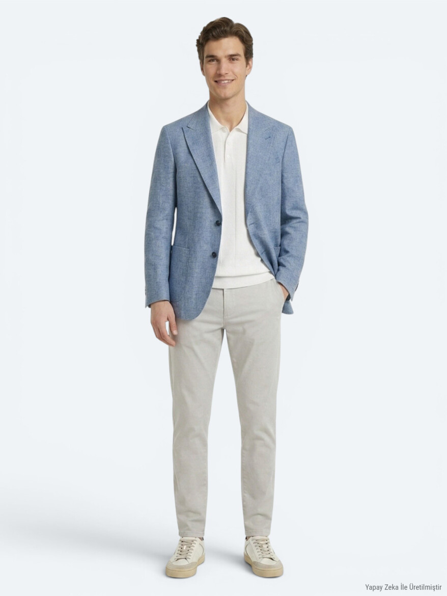 Mavi Desenli Modern Fit Keten Karışımlı Ceket - KİP