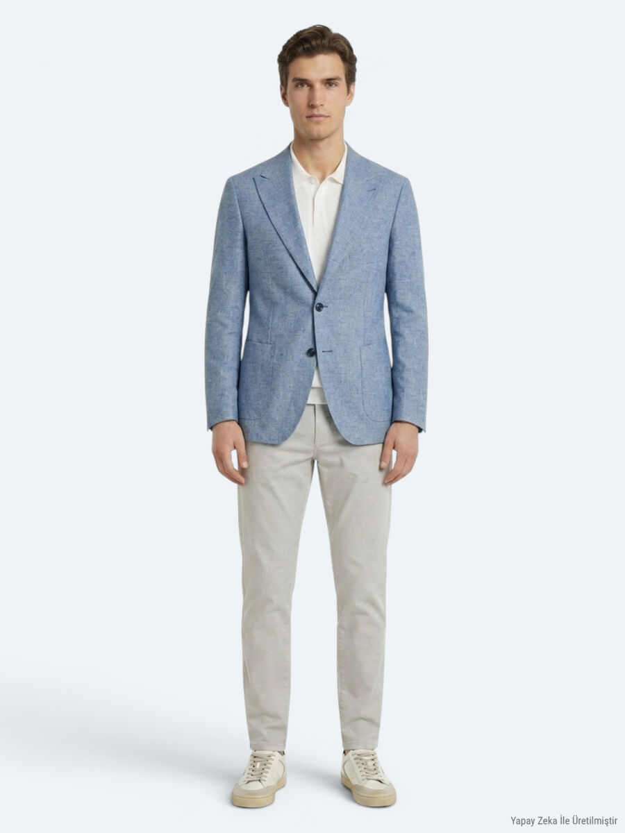 Mavi Desenli Modern Fit Keten Karışımlı Ceket - 3