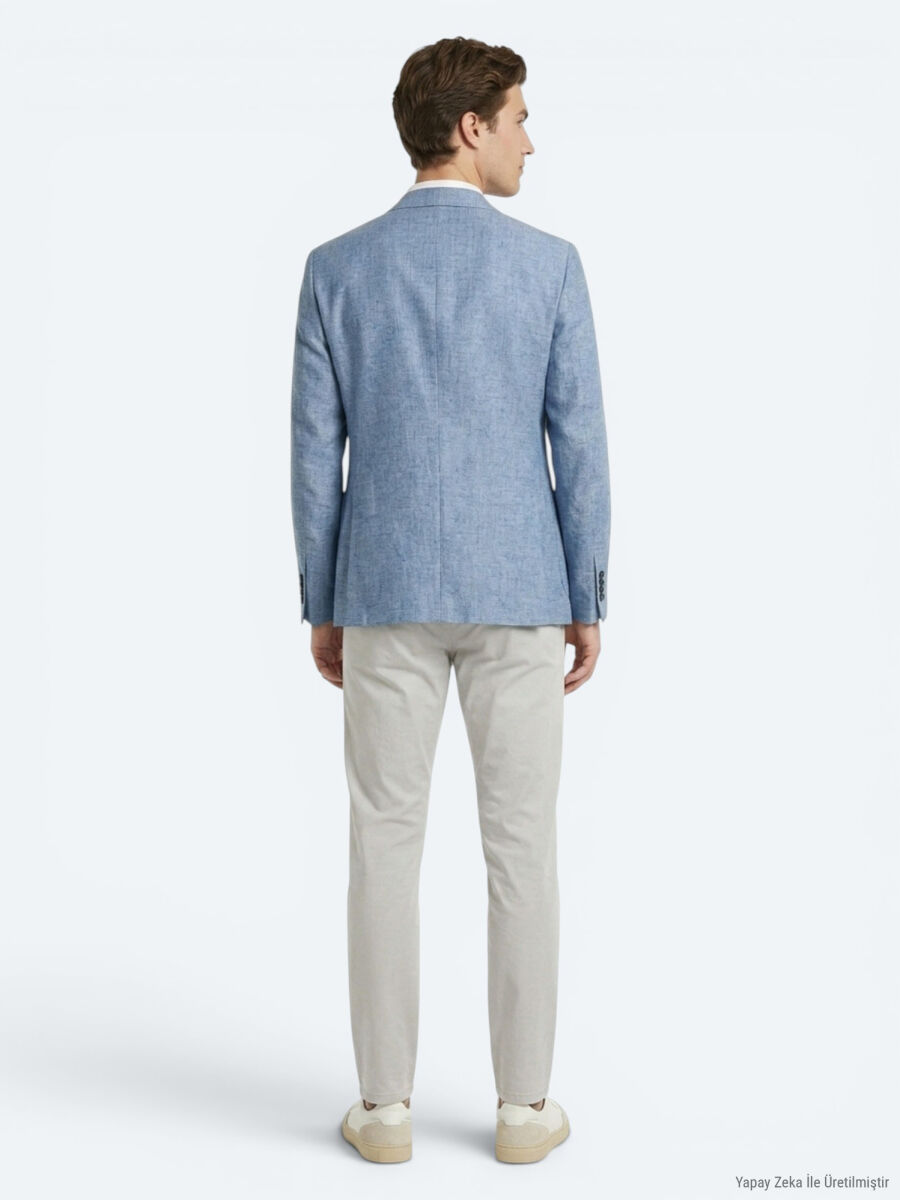Mavi Desenli Modern Fit Keten Karışımlı Ceket - 5