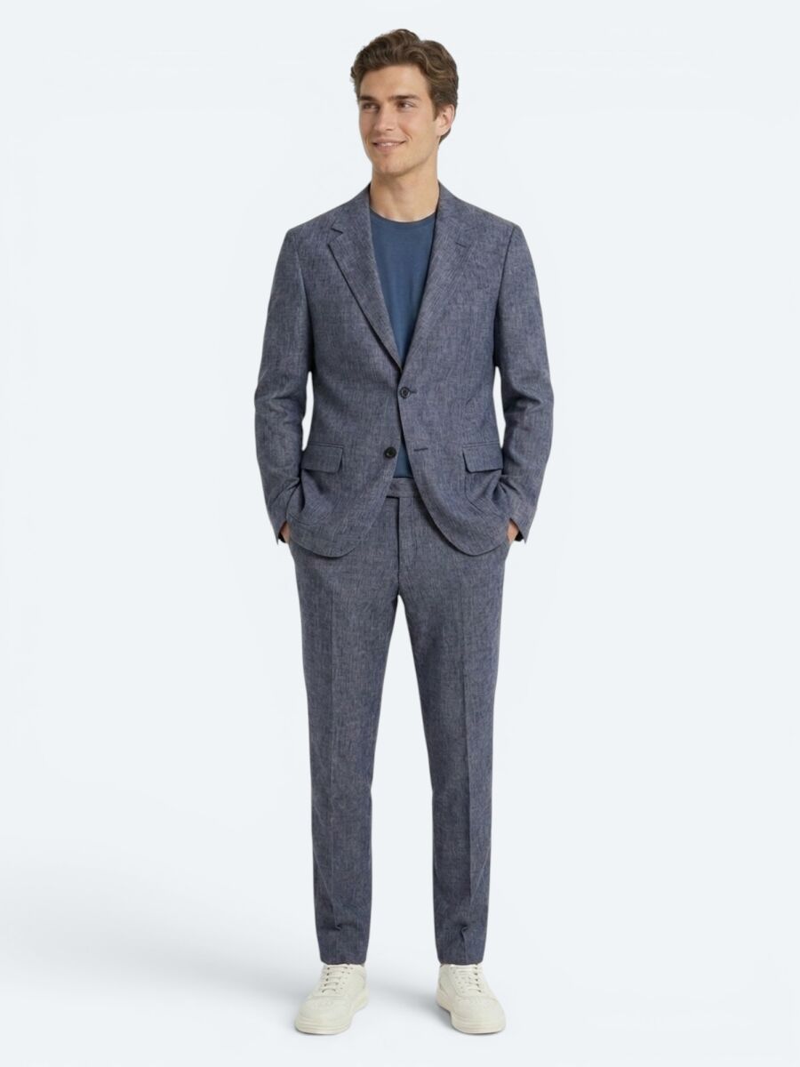 Mavi Desenli Modern Fit Keten Karışımlı Takım Elbise - 1