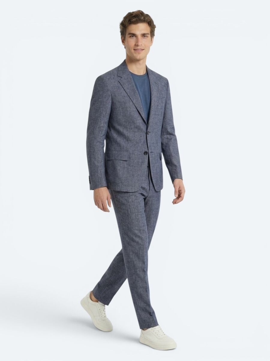Mavi Desenli Modern Fit Keten Karışımlı Takım Elbise - 3